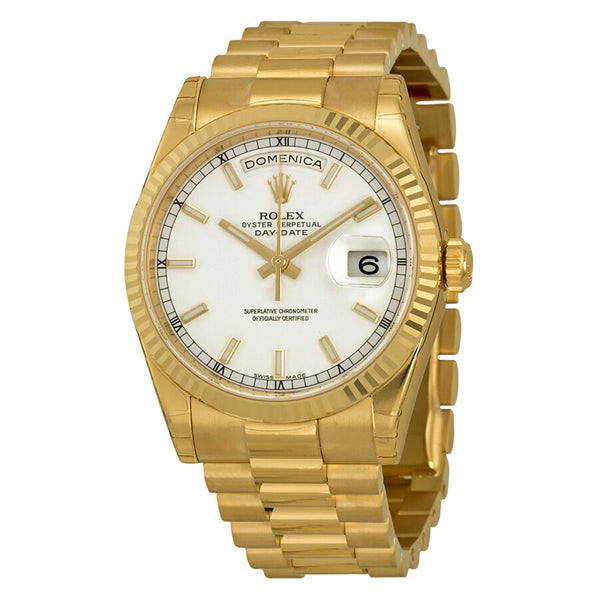 Rolex Day-Date White Dial 18K Yellow Gold President Automatic Men's Watch #118238WSP - Watches of America