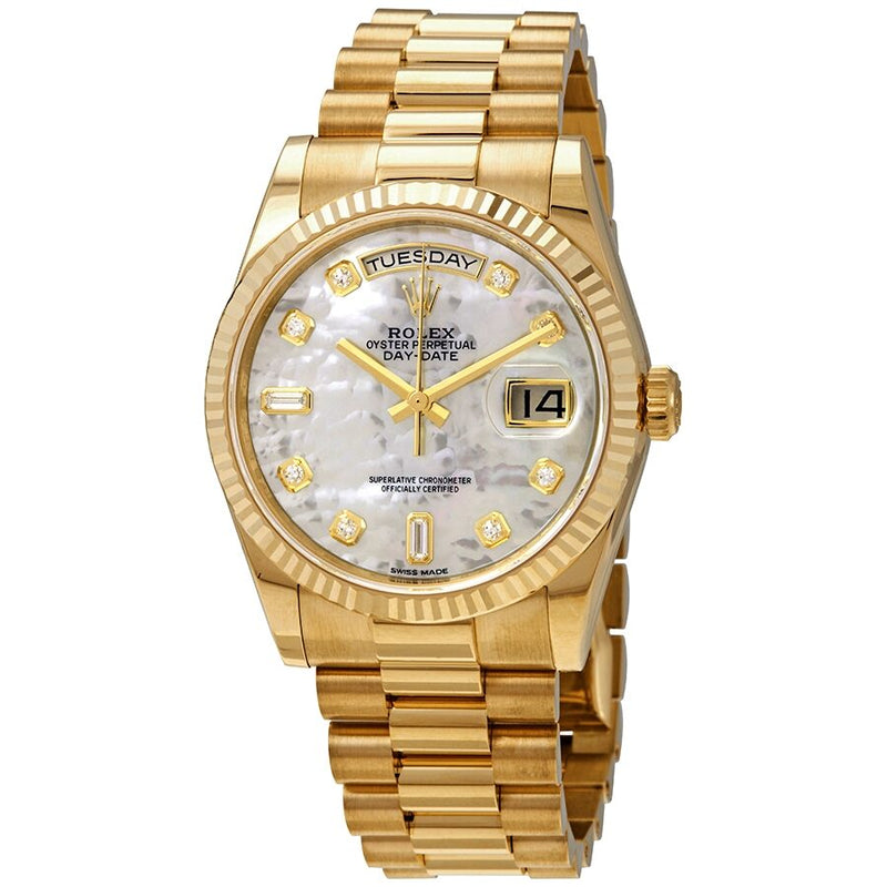 Rolex Day-Date White Mother-Of-Pearl Dial 18K Yellow Gold President Automatic Men's Watch #118238MDP - Watches of America