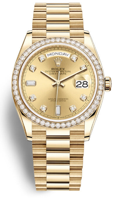 Rolex Day-Date 36 Automatic Diamond Champagne Dial 18kt Yellow Gold President Watch #128348CDP - Watches of America