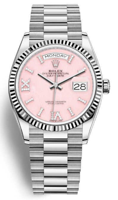 Rolex Day-Date 36 Automatic Pink Diamond Dial 18kt White Gold President Watch #128239PRSDP - Watches of America