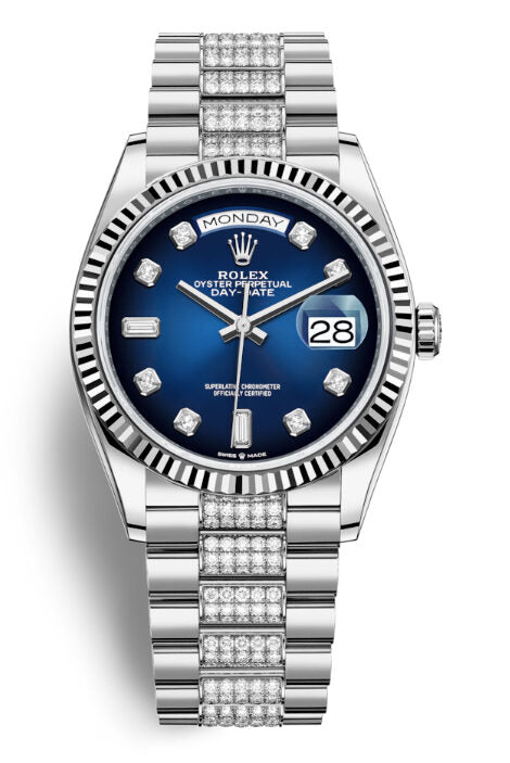 Rolex Day-Date 36 Blue Dial 18kt White Gold Diamond Set President Watch #128239BLDDP - Watches of America