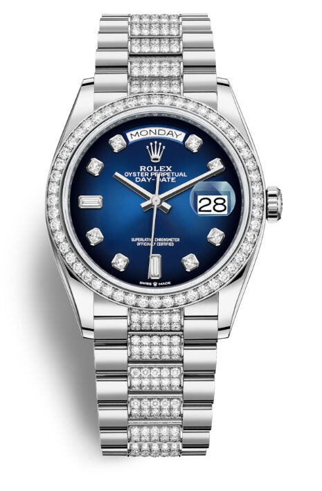 Rolex Day-Date 36 Blue Diamond Dial 18kt White Gold President Watch #128349BLDDP - Watches of America