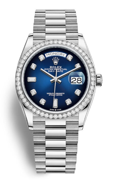 Rolex Day-Date 36 Blue Diamond Dial 18kt White Gold President Watch #128349BLDP - Watches of America