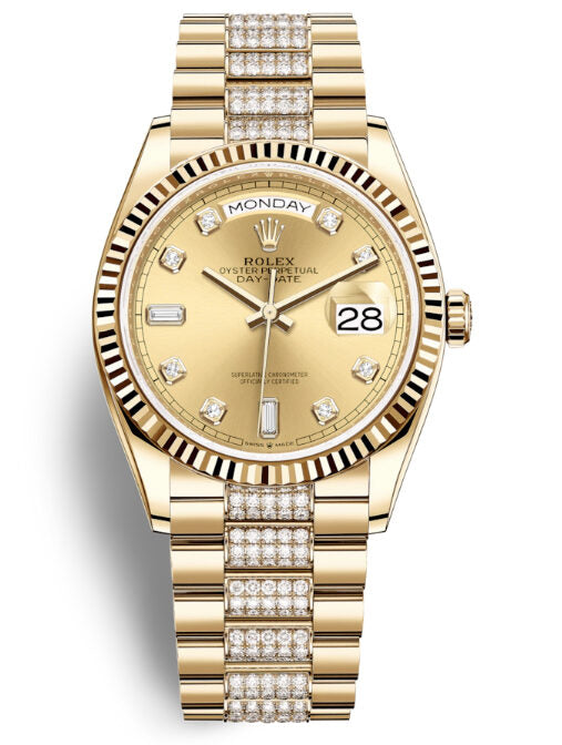 Rolex Day-Date 36 Champagne Dial 18kt Yellow Gold Diamond-Set President Watch #128238CDDP - Watches of America
