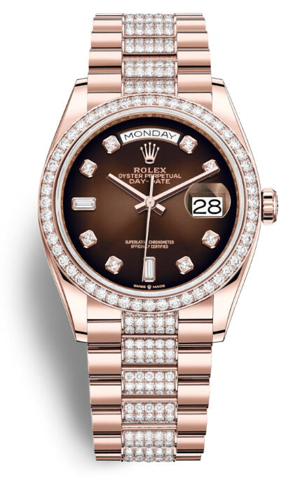 Rolex Day-Date 36 Chocolate Dial 18kt Everose Gold Diamond-Set President Watch #128345CHDDP - Watches of America