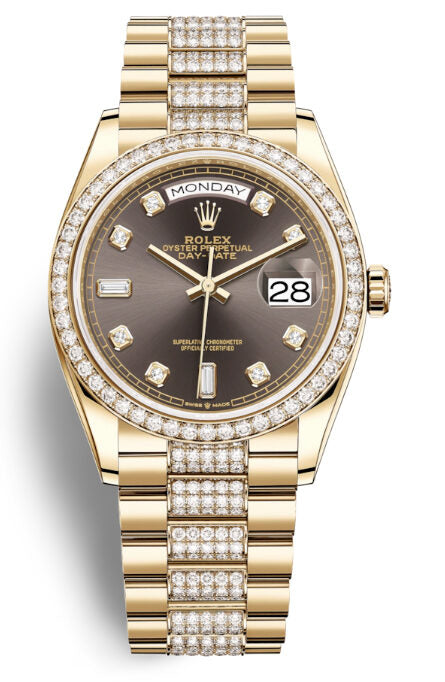 Rolex Day-Date 36 Dark Grey Dial 18kt Yellow Gold Diamond Set President Watch #128348GYDDP - Watches of America