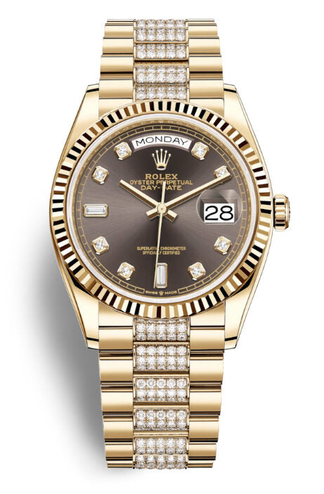 Rolex Day-Date 36 Dark Grey Dial 18kt Yellow Gold Diamond-Set President Watch 128238CSDP#128238GYDDP - Watches of America