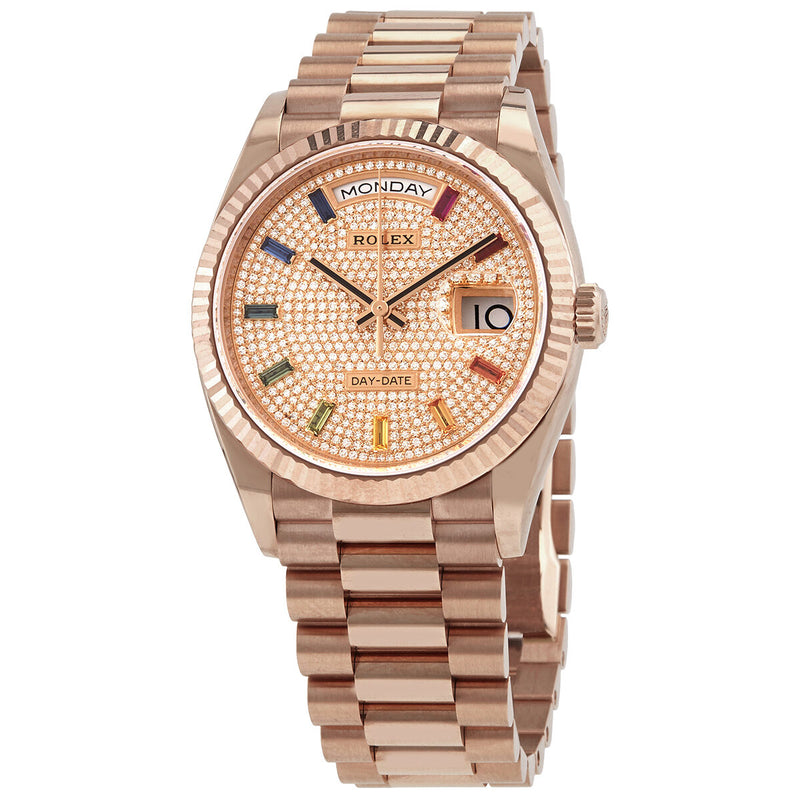 Rolex Day-Date 36 Diamond Paved Dial 18kt Everose Gold President Watch #128235DSP - Watches of America