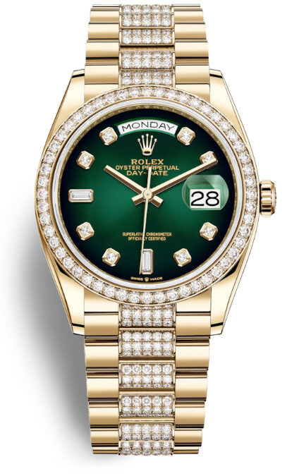 Rolex Day-Date 36 Green Dial 18kt Yellow Gold Diamond Set President Watch #128348GNDDP - Watches of America