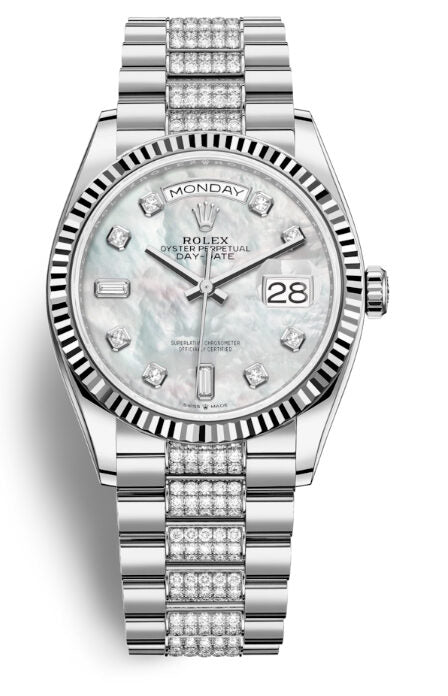 Rolex Day-Date 36 Mother of Pearl Dial 18kt White Gold Diamond Set President Watch #128239MDDP - Watches of America