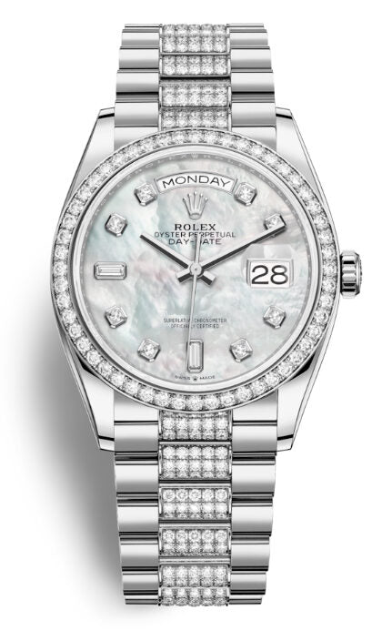 Rolex Day-Date 36 Mother of Pearl Dial 18kt White Gold Diamond Set President Watch #128349MDDP - Watches of America