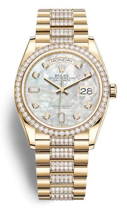 Rolex Day-Date 36 Mother of Pearl Dial 18kt Yellow Gold Diamond Set President Watch #128348MDDP - Watches of America