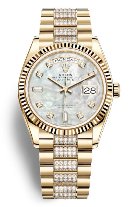 Rolex Day-Date 36 Mother of Pearl Dial 18kt Yellow Gold Diamond-Set President Watch #128238MDDP - Watches of America