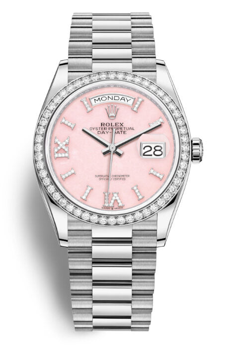 Rolex Day-Date 36 Pink Opal Diamond Dial 18kt White Gold President Watch #128349PRSDP - Watches of America
