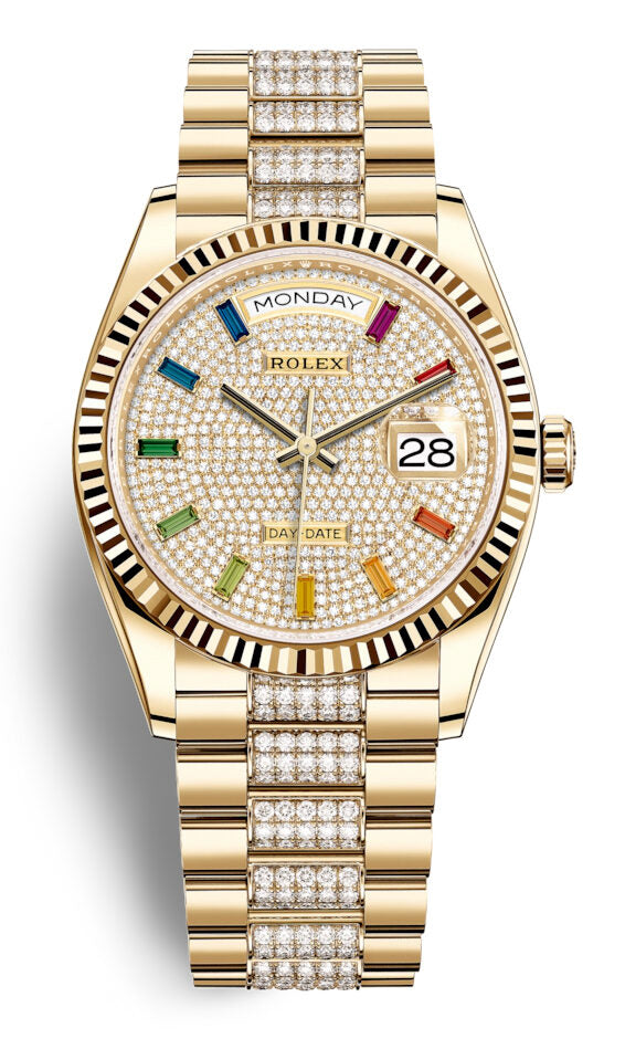 Rolex Day-Date 36 Rainbow Baguette Dial 18kt Yellow Gold Diamond-Set President Watch #128238DSDP - Watches of America