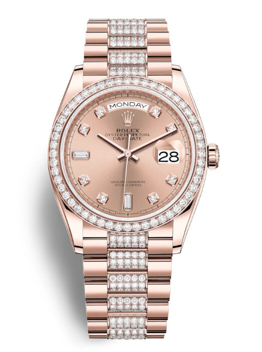 Rolex Day-Date 36 Rose Dial 18kt Everose Gold Diamond Set President Watch #128345PDDP - Watches of America