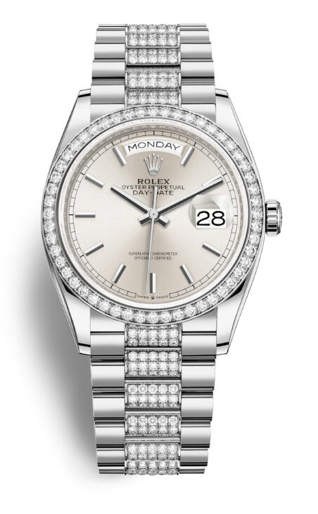 Rolex Day-Date 36 Silver Dial 18kt White Gold Diamond Set President Watch #128349SSDP - Watches of America