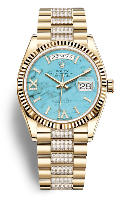 Rolex Day-Date 36 Turquoise Dial 18kt Yellow Gold Diamond-Set President Watch #128238TQRSDDP - Watches of America