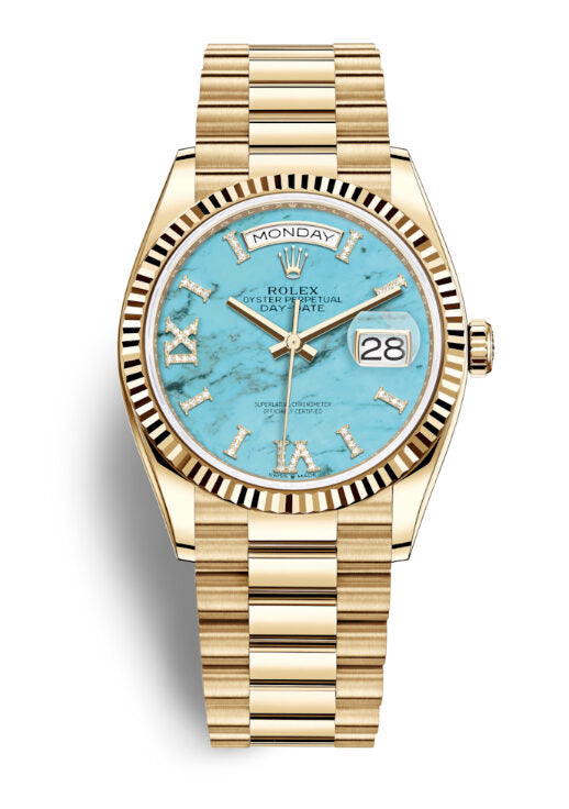 Rolex Day-Date 36 Turquoise Dial 18kt Yellow Gold President Watch 128238DSP#128238TQRSDP - Watches of America