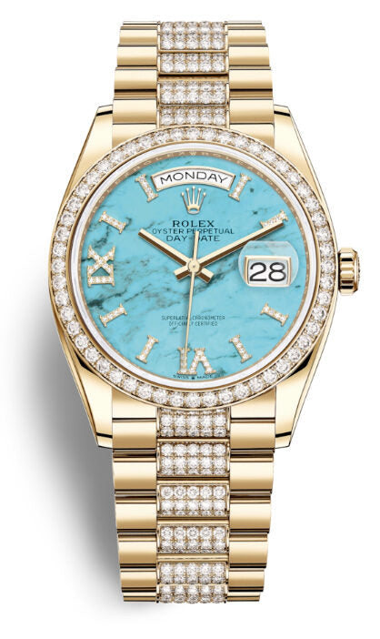 Rolex Day-Date 36 Turquoise Dial Automatic 18kt Yellow Gold Diamond Set President Watch 128348TQRSDP#128348TQRSDDP - Watches of America