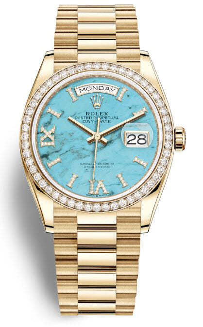 Rolex Day-Date 36 Turquoise Diamond Dial Automatic 18kt Yellow Gold President Watch #128348TQRSDP - Watches of America