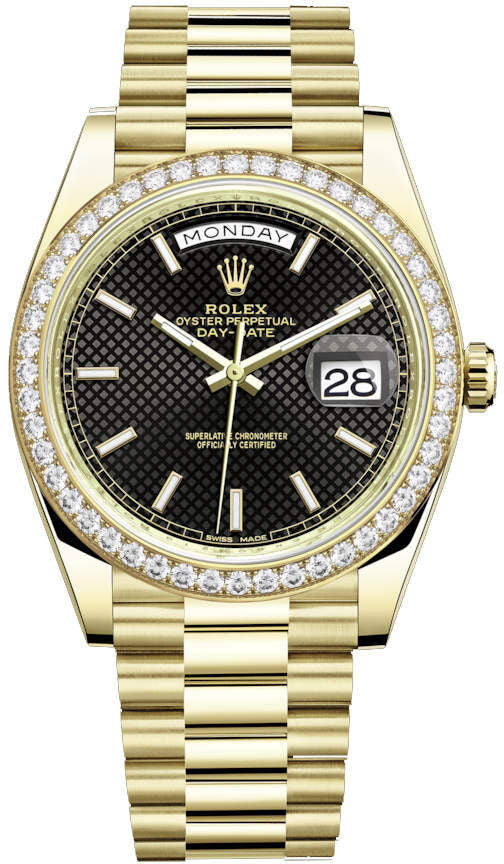 Rolex Day-Date 40 Automatic Black Diagonal Motif Dial Men's 18kt Yellow Gold President Watch #228348BKSP - Watches of America