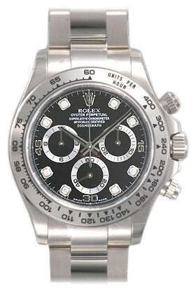 Rolex Cosmograph Daytona Black With 8 Diamonds Dial 18K White Gold Oyster Bracelet Automatic Men's Watch #116509BKDO - Watches of America