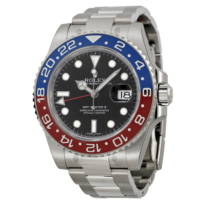 Rolex GMT Master II Black Lacquer Dial 18K White Gold Oyster Bracelet Pepsi Bezel Automatic Men's Watch #116719BKSO - Watches of America