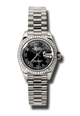 Rolex Lady-Datejust 26 Black Dial 18K White Gold President Automatic Ladies Watch #179179BKRP - Watches of America