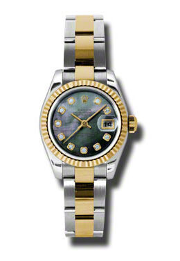 Rolex Lady Datejust 26 Black Mother of Pearl Dial Stainless Steel and 18K Yellow Gold Oyster Bracelet Automatic Watch #179173BKMDO - Watches of America