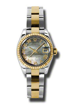 Rolex Lady Datejust 26 Black Mother of Pearl Dial Stainless Steel and 18K Yellow Gold Oyster Bracelet Automatic Watch #179173BKMRO - Watches of America