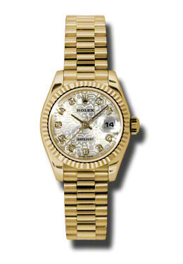 Rolex Lady-Datejust 26 Silver Dial 18K Yellow Gold President Automatic Ladies Watch #179178SJDP - Watches of America