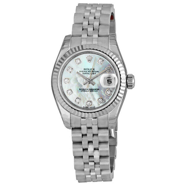 Rolex Lady Datejust 26 White Mother of Pearl with 10 Diamonds Dial Stainless Steel Jubilee Bracelet Automatic Watch 179174MDJ#179174-MDJ - Watches of America