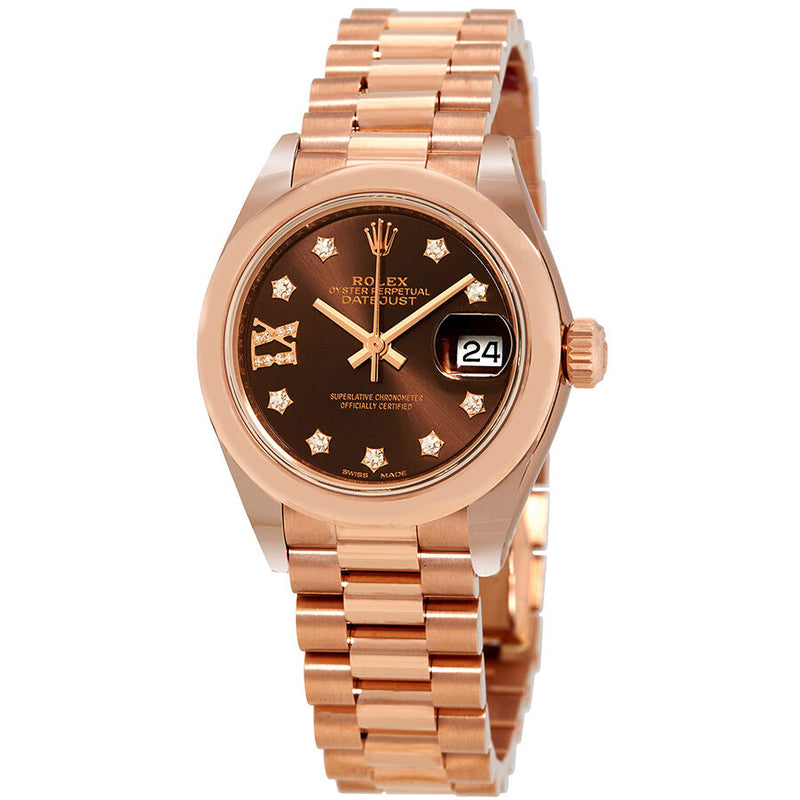 Rolex Lady-Datejust 28 Chocolate Dial 18K Everose Gold President Automatic Ladies Watch #279165CHRDP - Watches of America