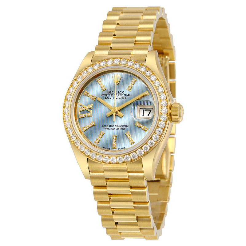 Rolex Lady-Datejust 28 Cornflower Blue Dial 18K Yellow Gold President Automatic Ladies Watch #279138BLSRDP - Watches of America