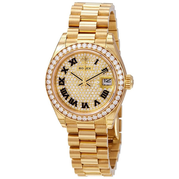 Rolex Lady-Datejust 28 Diamond-paved Dial Automatic Ladies 18kt Yellow Gold President Watch #279138DRP - Watches of America