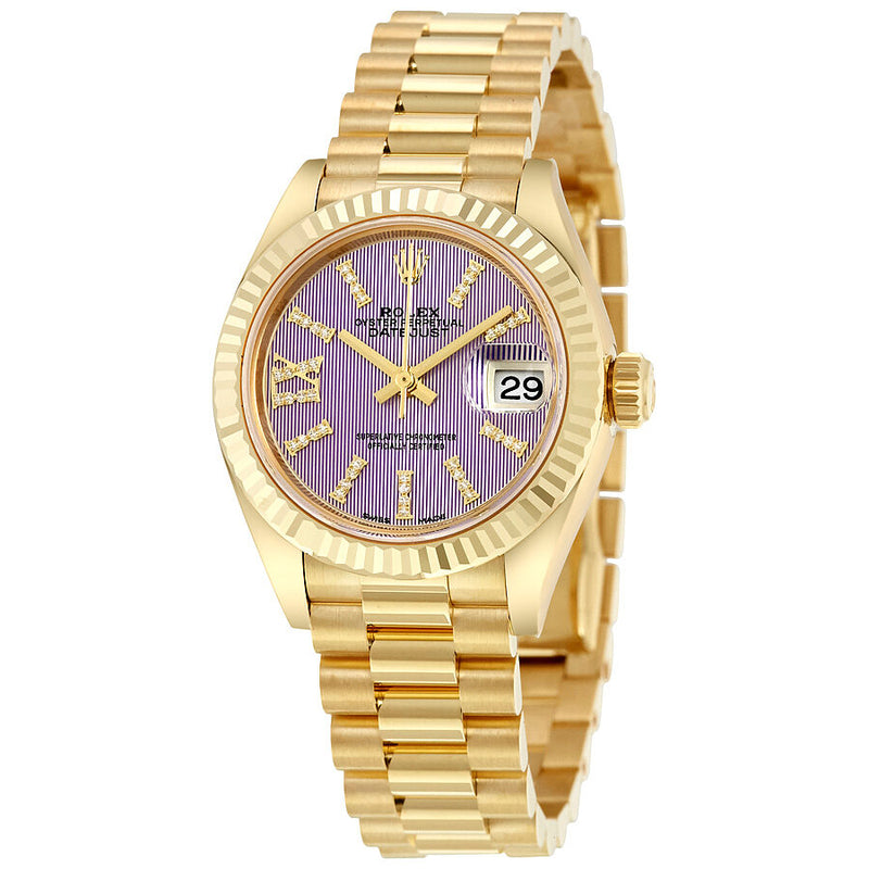 Rolex Lady-Datejust 28 Lilac Dial 18K Yellow Gold President Automatic Ladies Watch #279178LIRSDP - Watches of America