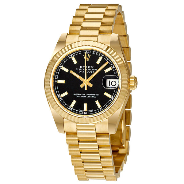 Rolex Lady-Datejust 31 Black Dial 18K Yellow Gold President Automatic Ladies Watch #178278BKSP - Watches of America