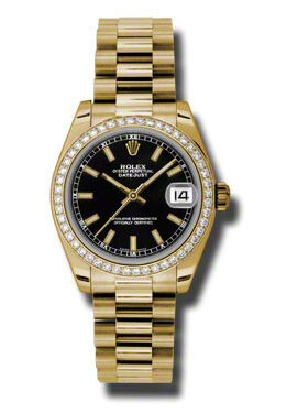Rolex Lady-Datejust 31 Black Dial 18K Yellow Gold President Automatic Ladies Watch #178288BKSP - Watches of America