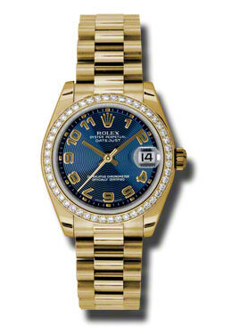 Rolex Lady-Datejust 31 Blue Concentric Circle Dial 18K Yellow Gold President Automatic Ladies Watch #178288BLCAP - Watches of America