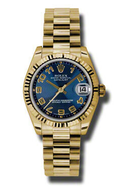Rolex Lady-Datejust 31 Blue Concentric Dial 18K Yellow Gold President Automatic Ladies Watch #178278BLCAP - Watches of America