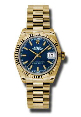 Rolex Lady-Datejust 31 Blue Dial 18K Yellow Gold President Automatic Ladies Watch #178278BLSP - Watches of America