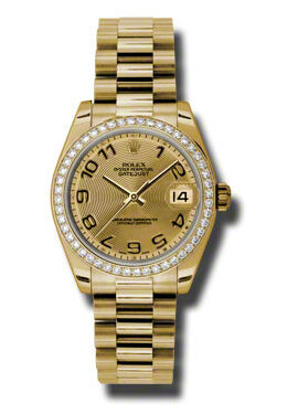 Rolex Lady-Datejust 31 Champagne Concentric Circle Dial 18K Yellow Gold President Automatic Ladies Watch #178288CCAP - Watches of America