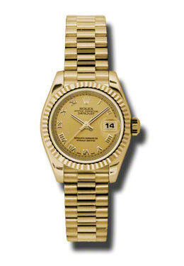 Rolex Lady Datejust Champagne Roman Dial 18k Yellow Gold Case and Bezel President Bracelet Watch #179178CRP - Watches of America