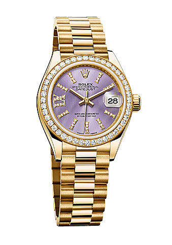 Rolex Lady-Datejust 28 Lilac Dial 18K Yellow Gold President Automatic Ladies Watch #279138LIRDP - Watches of America