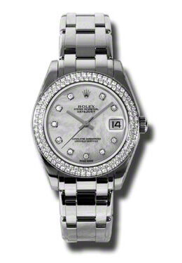 Rolex Lady-Datejust Pearlmaster Mother Of Pearl Diamond Dial 18K White Gold Automatic Ladies Watch #81339MDPM - Watches of America