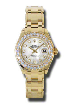 Rolex Lady-Datejust Pearlmaster White Mother-Of-Pearl Diamond Dial 18K Yellow Gold Automatic Ladies Watch 80298MDPM#80298MDDP - Watches of America