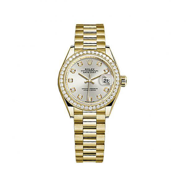 Rolex Lady-Datejust Silver Diamond Dial Automatic 18 Carat Yellow Gold President Watch #279138SDP - Watches of America
