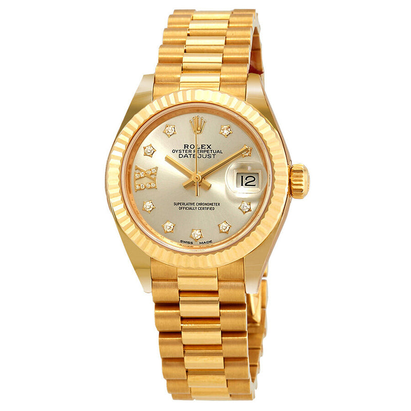 Rolex Lady-Datejust Silver Diamond Dial Ladies 18kt Yellow Gold President Watch #279178SRDP - Watches of America
