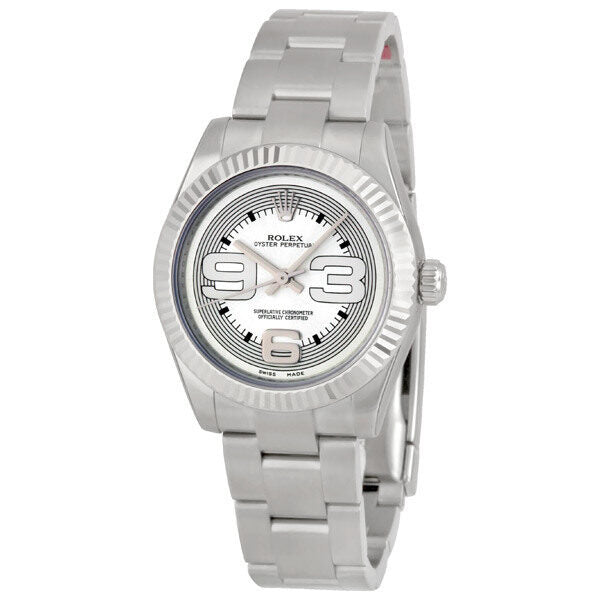 Rolex No Date Silver Dial Oversized Arabic Markers 18k White Gold Fluted Bezel Unisex Watch #177234SMAXI - Watches of America